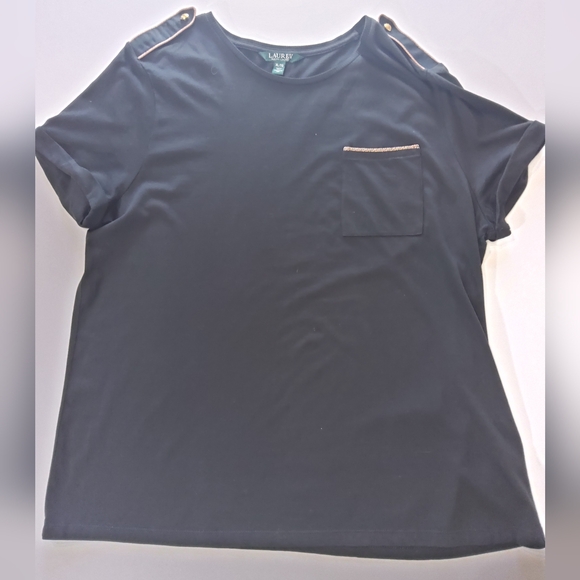 Lauren Ralph Lauren Tops - Lauren Ralph Lauren Top Womens XL Black Pocket Tee Epaulet 90s Designer Blouse